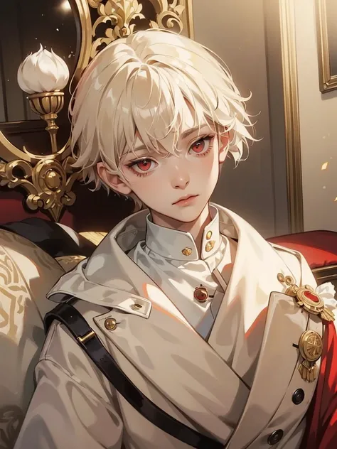 boy, red eyes, cream beige hair. not have expression, sleppy. quiet. he little prince. solo. wear jacket. so short hair. he little. in luxurious mansion. big eyes. straight hair