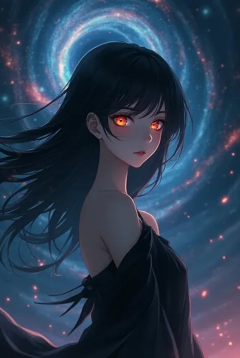  An anime-style girl who is the human representation of a black hole, that is terrifying and that has to do with the cosmic horror  
