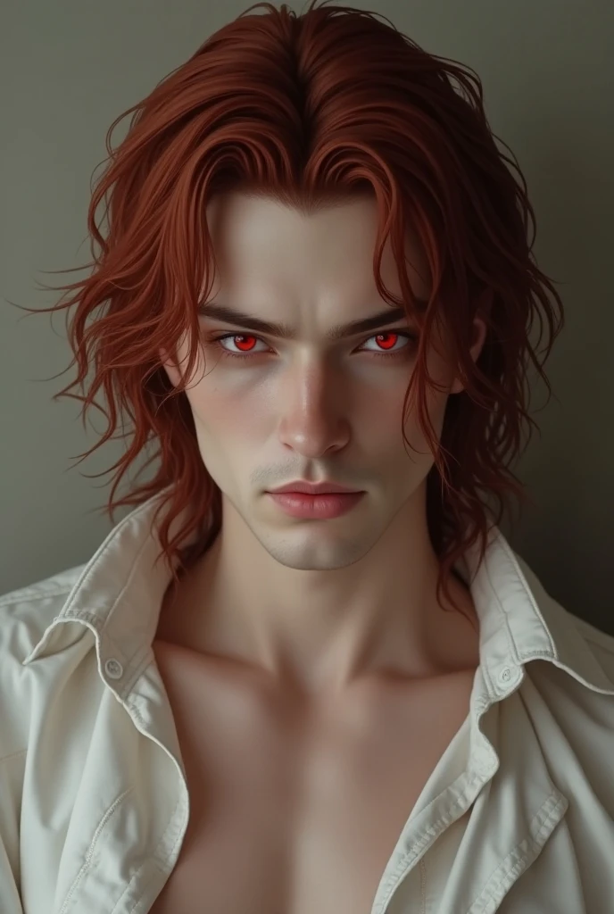  man who has 30 years , White race , pale white skin ,   male characteristics  , the most handsome man,  long red hair, Such dark red hair, caçando red eyes rubi, angel beauty, angel,  eyes hunting , Warm body, strong muscular body , Sensual, in love , ang...