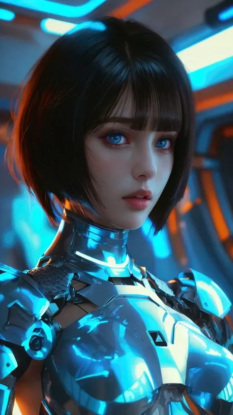 (  best quality, 4K, 8k,  High Resolution  , masterpiece: 1.2), (  very detailed, Realistic, Realistic:1.37), Woman in futuristic costume , The female wears exoskeleton cyber armor 、 inside a spaceship illuminated by advanced blue light 、 With bangs ,  Wom...