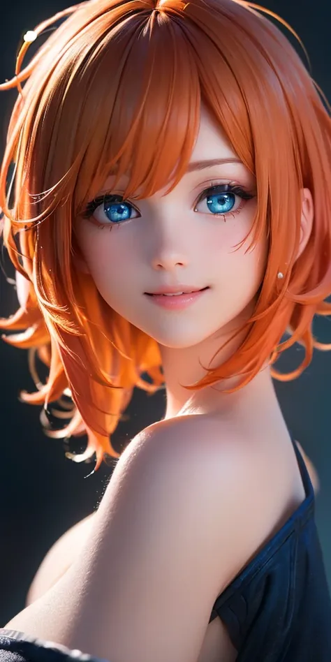 baby face, (bright orange short hair:1.5,messy hair:1.5), (photorealistic:1.8), (masterpiece, side light,  beautiful eyes: 1.5),...