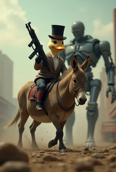 Take me a picture of a little duck riding a donkey with a top hat on its head and a machine gun, How she fights the Terminator 