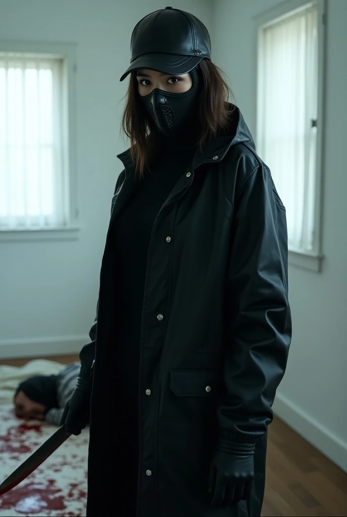 korean girl, (behind stiff, leather balaclava mask), holding knife, stabbing, black gloves, white room, black raincoat, looking at viewer, black wet suit, trucker hat, holding knife, black gloves, woman on top, behind cadaver, blood splatter, bed room, loo...