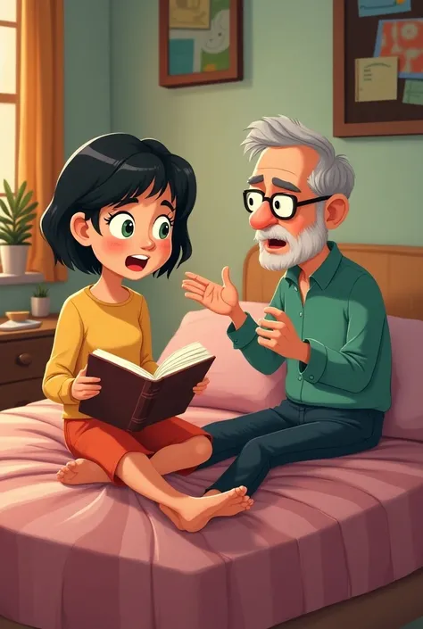 Cartoon of a young woman with short hair sitting with a surprised face reading a book in her room and an older man with glasses and something in front of her sitting on her bed talking to her 