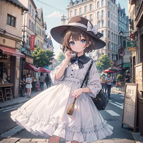 （ extremely exquisite and beautiful work），（masterpiece），Stars eyes， Best Quality ，Fine details，Facial details，Brown short hair，Casual Wear，Western-style city，Holding a shovel，cute的，Big Head，Half Body， International Labor Day ， princess cut ，casual hat ，Smi...