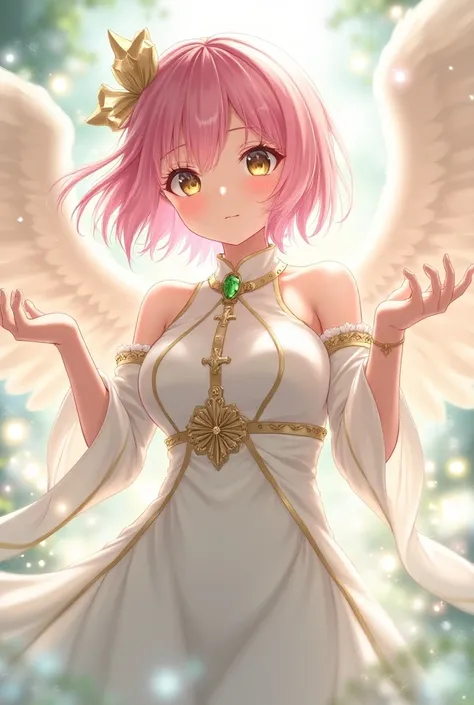 Starlight,role play,Japanese style girl,Image elimination,pink short hair,ribbon, Bright pupils, Big breasts, Chest Cross Green Gemstone,Wearing a beautiful white Saint Jie costume,waist（Angel Wings）,stretch out hands, sparkle effect, Ukiyo-e, 