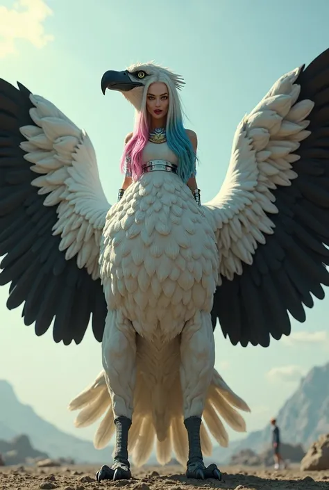  A huge white griffin with black wings spread, Wings and a sharp beak ,  on his back sits the beautiful Margot Robbie as Harley Quinn. Straight hair is half pink, Half blue, in armor, ((masterpiece, highest quality,  Best image quality ,   High definition,...