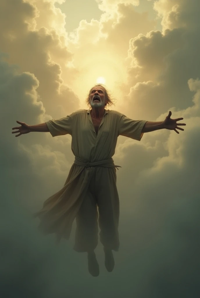 Make a photo of the old man choking in heaven