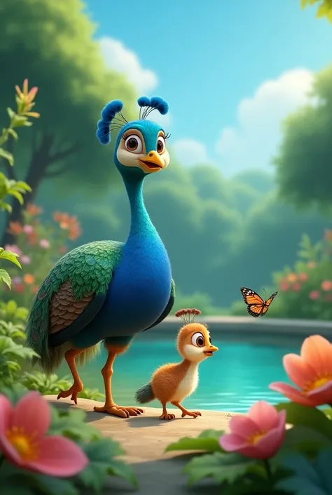 Cartoonic image of mama and baby peacock walking near the pond, baby saw a butterfly fluttering by. His eyes lit up with excitement! In 3d animation 