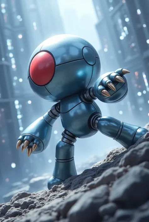 Tanhel is depicted in a futuristic environment, surrounded by metallic structures and bright lights. Its body shines silver and reflects the light of the surroundings. The iron ball Pokémon Tanhel is a small but heavy Pokémon, that has an unusual body structure. It is reminiscent of an arm of Metang and Metagross, which represent its further development. Instead of the connection to the main body of these two Pokémon, Tanhel has a ball-like head, in which a striking red eye is set. The rest of the body is a cone-shaped, blue chunk of steel, at the end of which there are three sharp claws, with which it can attack its opponents. This is preferably done through magnetic impulses, that it is able, pulling opponents towards itself and then attacking with its claws. These impulses are so strong, that it can even destroy machines in the area. It also uses magnetic impulses, to move floating above the ground, to balance the earth's gravity. This form of locomotion is expressed primarily in its only learnable attack, Tackle. When it sleeps, so it sinks to the ground and clings to rocks, which are increasingly found in its habitat, because it likes to be in mountainous and rocky habitats. It is also rarely found there. 