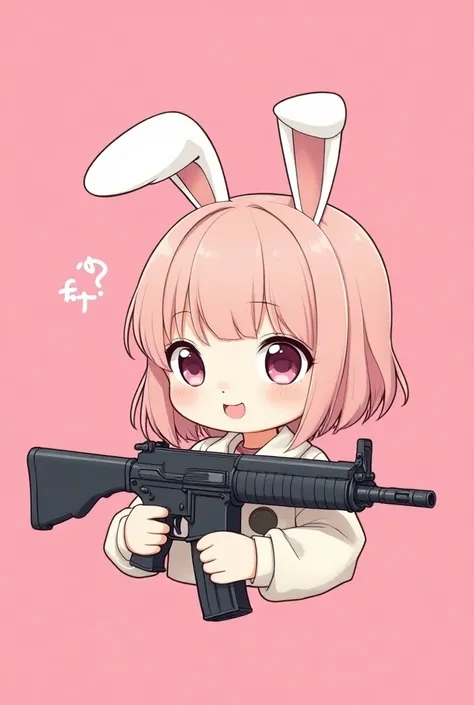 (masterpiece,  cute assault rifle in your hand, Kindergarteners ,     A slightly longer half-twin  , Pinkish Brown Hair , Big Eyes,   , (     pink background     ),      upper body,Korean Style,Illustrated style、bunny ears
