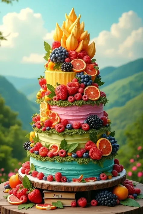  A spectacular cake made of colorful fruits nature, with landscape designs ñ ,  books and that say FOR ANAIS  