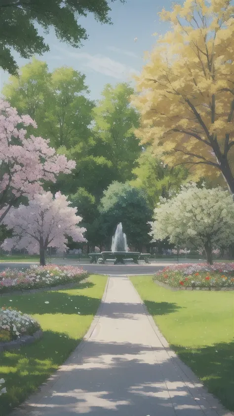 Create an image of a park with few flowers, is 