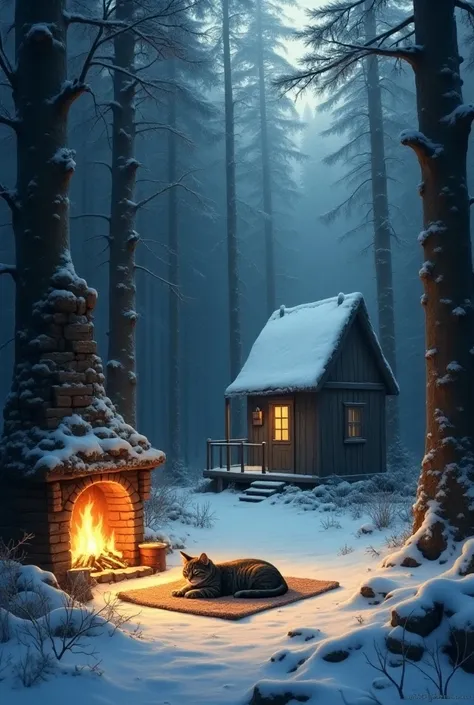 mystical, deep forest, where towering, ancient trees stand sentinel around a secluded wooden cabin nestled in the heart of the woods. Outside, snow falls softly, blanketing the forest floor and creating a serene winter wonderland. The cabin, with its rusti...