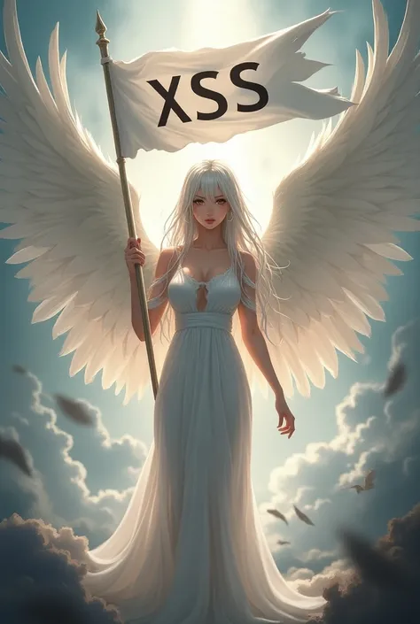 A anime adult girl is like angel ,standing and holding falg tht taged xSS 
