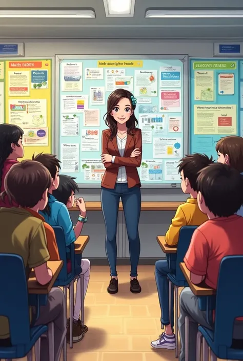 (Anime art style) In Ms. Riveras math classroom, students excitedly gather around colorful choice boards displaying various math tasks like Create a Math Game, Solve a Word Problem, and Explore Patterns. The choice boards are filled with vibrant visuals an...