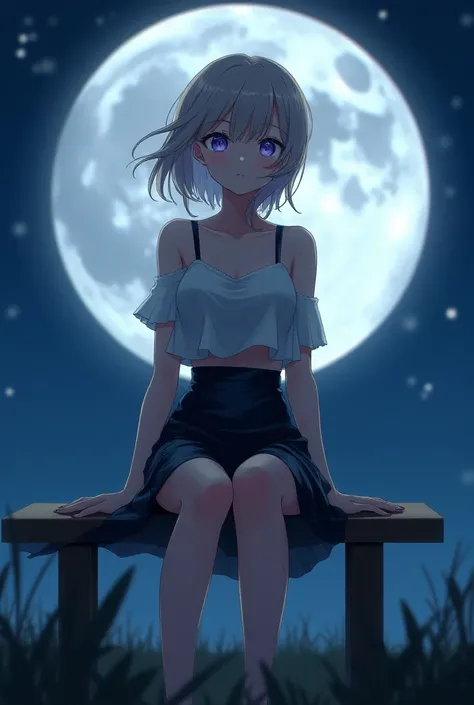 Anime girl with leather skirt sitting on the bench,moon background 