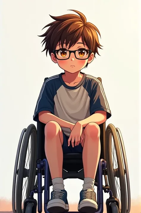  Boy in wheelchairs .  Has shiny brown hair, dark orange eyes , black glasses, parts, sportswear. adolescent. calm expression. anime style