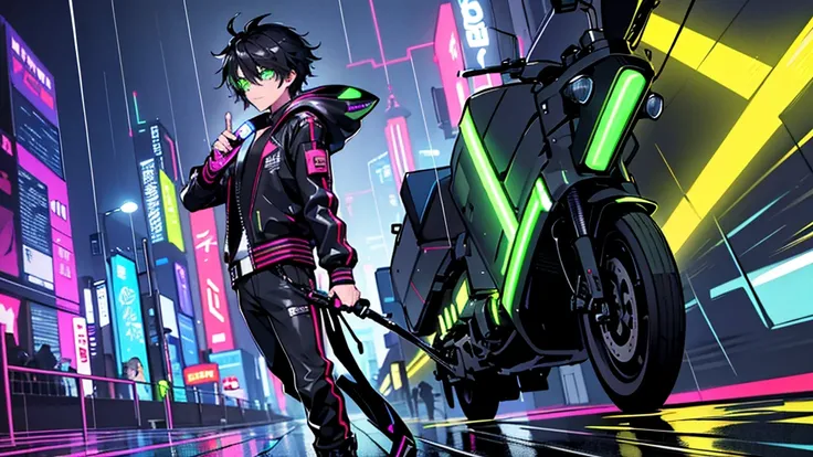 Best Quality，Masterpiece， highest resolution ， depict a high school boy 、 wearing a cyberpunk-style costume 、 running through the city 。 He is wearing a black leather jacket with neon-colored accents、 wearing metallic details and glowing high-tech goggles ...