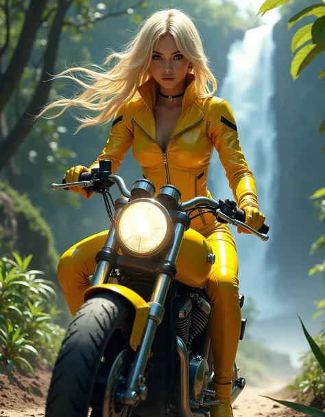  A Beautiful Sexy Ninja Woman With Blonde Hair And Blue Eyes In A Beautiful Realistic Yellow Leather Suit, Riding A Beautiful Realistic Yellow Motorcycle ,  With The Background Of A Giant Jaguar In A Beautiful Forest With A Beautiful Realistic Waterfall , ...