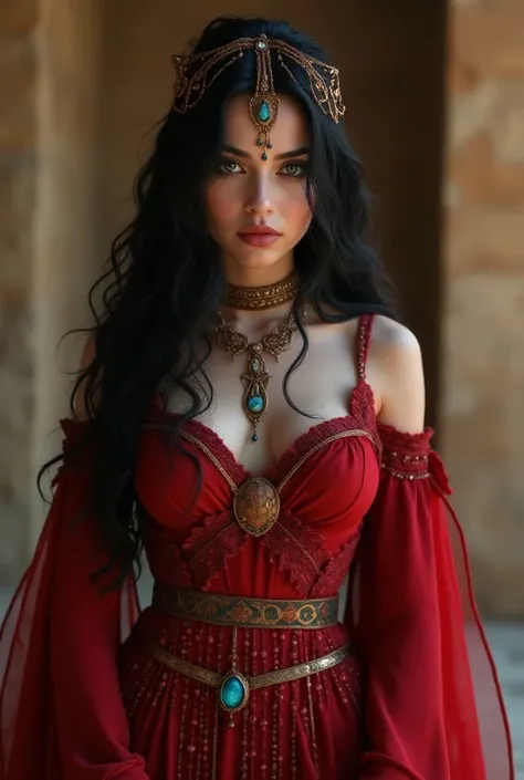 a young woman of 20 years old, blue skin, detailed iridescent eyes, very beautiful, huge breasts, slim waist, long black hair, red ancient Berber royal outfit, jewelry, complex fantasy character, sensual, seductive, sexy, NSFW, in an ancient Berber city, b...