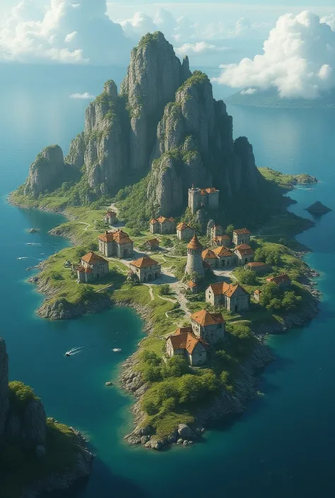 A huge triangular-shaped island with lots of houses and castles
Nestled with rivers 