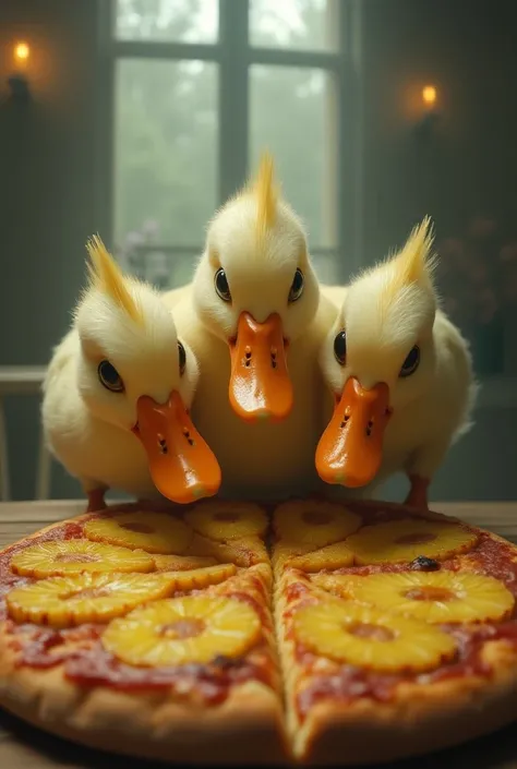 A duck with three heads eating a pineapple pizza