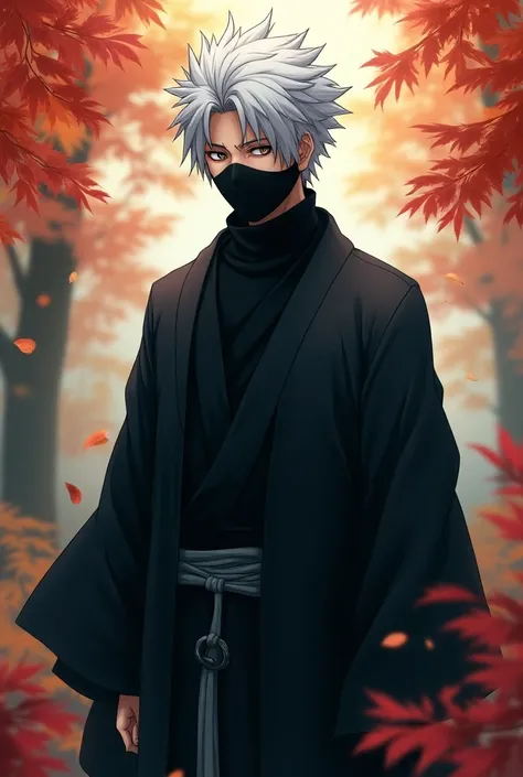 kakashi Hatake wearing satoro gojo outfit  turtle neck black full 16:9 photo with background of autumn 