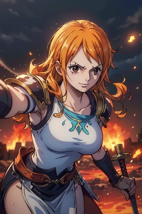  Masterpiece,(Best Quality, 4K, 8k,  High Resolution , masterpiece:1.2), Super detailed, (Realistic, photoRealistic, photo-Realistic:1.37),  Preserving Anime Style ,Nami from One Piece, pale orange hair ,Beautiful brown eyes,Left shoulder tattoo,Beautiful ...