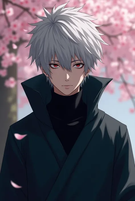 kakashi Hatake wearing satoro gojo outfit  turtle neck black full 16:9 photo with background of sakura tree