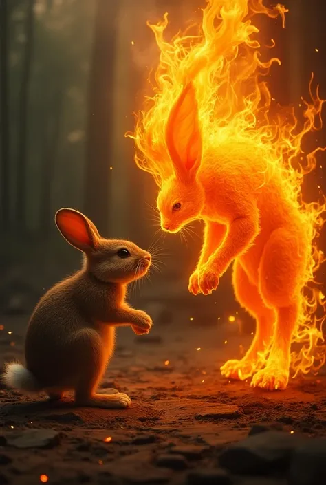 Create an image where a rabbit and a living embodiment of fire are placed together, both in an angry mode and facing each other. The rabbit, with its fur standing on end and baring its teeth, is in a defensive posture, ready to attack. The fire entity is a...