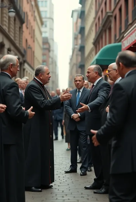 Two groups of people arguing in the street ,  one will be a group of priests and the other will be a group dressed as politicians