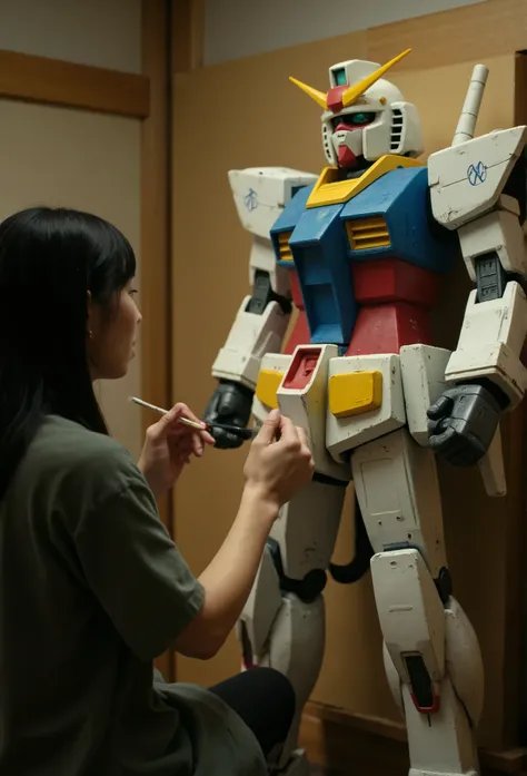 A girl and gundam sitting in cozy room, the girl painting a gundam in canvas, live-action、Realism、cinematic, Gundam&#39;s Armor、The official colours are white, red, blue and yellow、Very beautiful Japanese girl、Black Hair、Long Hair、Hime cut、Gundam Helmet、Dy...