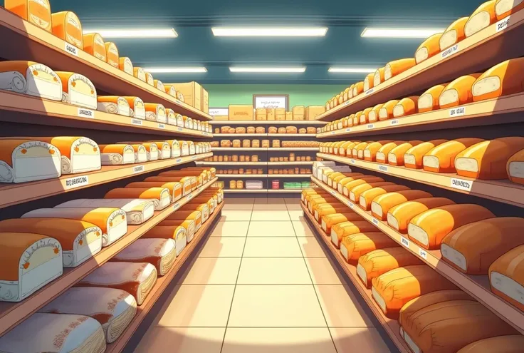 Anime Style, Bread Shelves in Indomaret Store, White Packed Bread, Banana Bread, Symmetrical Shot, Illustrative, Product Photography