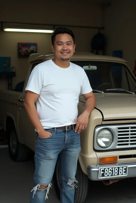 creates a stunning image, a handsome Indonesian man, slightly fat, wearing a white t-shirt and ripped jeans, standing smiling next to a pick-up car "COLT 120" produced in the 80s, losbak model, with the color of coffee milk, with a flat number "F 8618 BE"
...