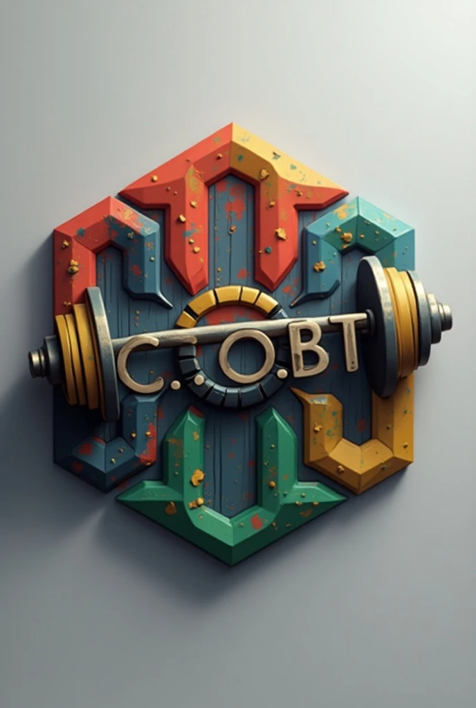 a highly detailed and realistic brand logo, a barbell symbol, bold text (c.o.b.t) conveying strength, red, blue, yellow, green, white color palette, 3D render, glossy, metallic, embossed, dynamic, powerful, bold, geometric, minimalist