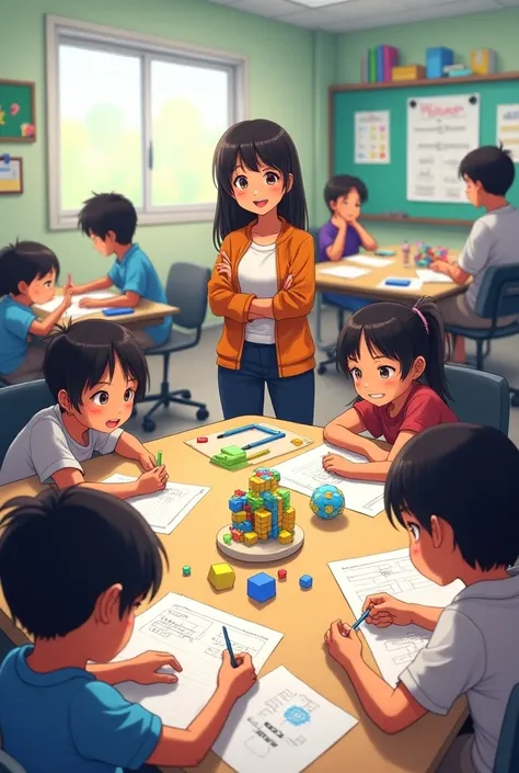 (Anime art style) Students are working on a math project in Ms. Riveras classroom, where scaffolding is evident. Some students are using step-by-step worksheets to solve basic addition and subtraction problems, while others are constructing complex geometr...