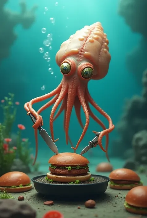 I need an image of the clam squid making hamburgers 