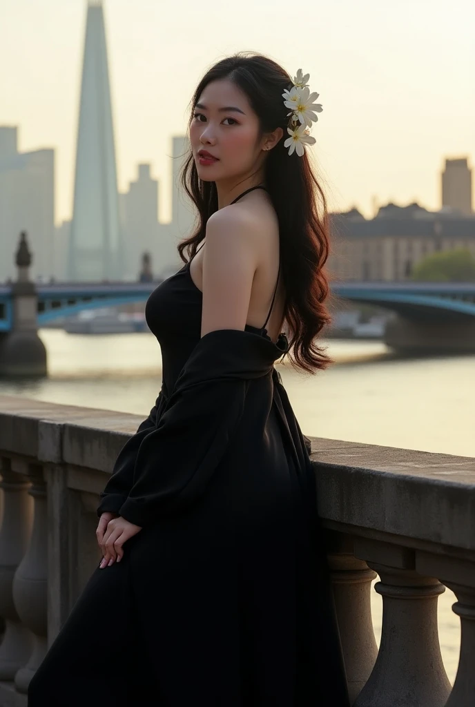 A beautiful Chinese sexy Girl with pure black with flowers on , creamy white hair, black Long dress,model pose, Blue eyes ,  biggest boobs,  , realistic photo ,  over London bridge , beautiful day view , in long pajamas pants, setting on 