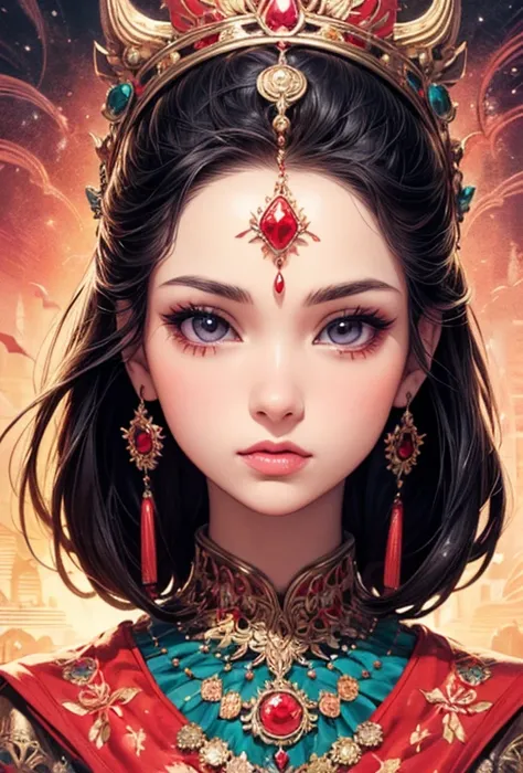 a woman in a red sari with intricate design and red beads, Indian art inspired by Magali Villeneuve, cgsociety contest winner, fantasy art, beautiful elegant queen, beautiful fantasy art, very beautiful fantasy art, beautiful digital artwork, karol bak uhd...