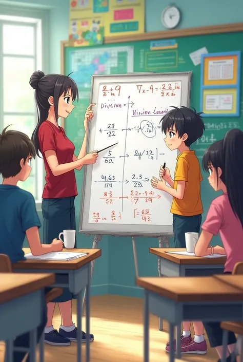 (Anime art style) In a vibrant math classroom, students participate in a peer tutoring session. Mia, a high-achieving student, is helping Jason, who is struggling with division, using a whiteboard to illustrate the concepts. Jason looks engaged and interes...