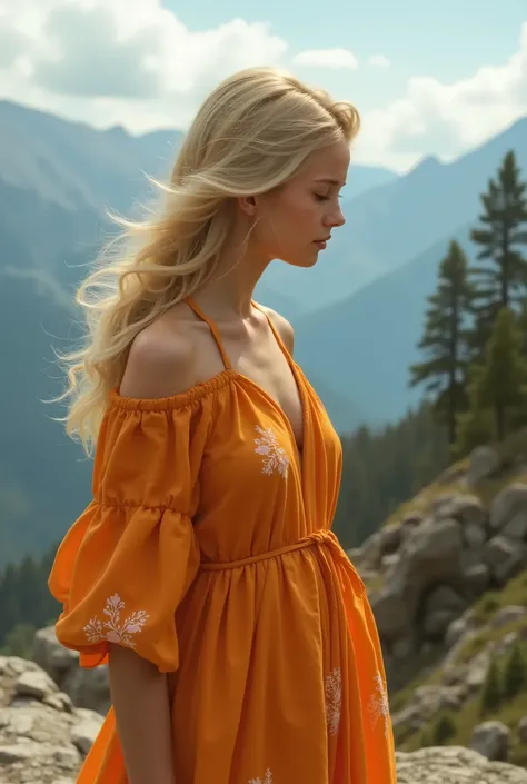 Créez une image réaliste, ses détails sont caractérisés par une grande précision, une belle fille aux longs cheveux blonds raides, vêtue dune robe orange avec quelques dessins de fleurs, aux gros seins, se baignant, debout au sommet dun rocher au sommet de...