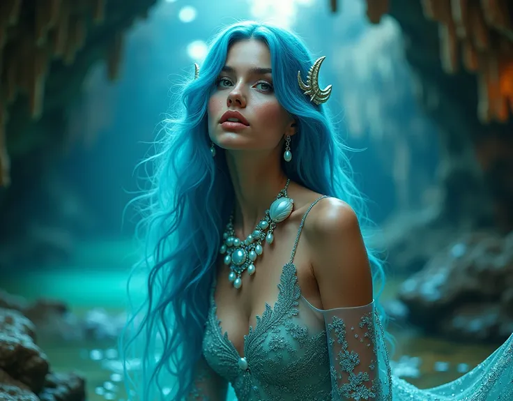 A (((stunningly beautiful mermaid))) with translucent skin and long, flowing blue hair, dressed in a (((Vibrant Seashells Diamond and Pearl Neckless))), accessorizing with elegant, ((Pulp Art Styles)), exuding a sense of both Opulence and Aquamarine Luxury...