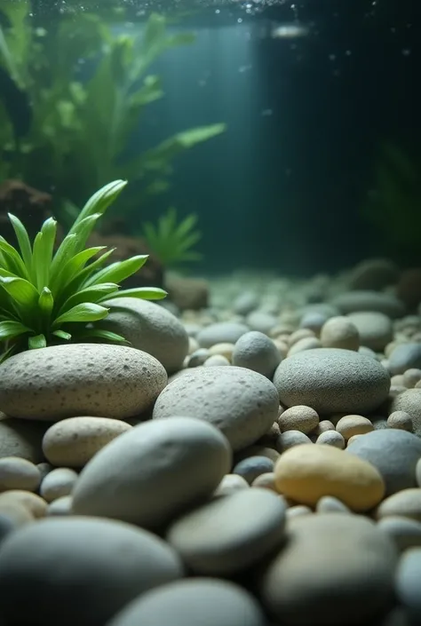 Small stones full in round aquarium, photo from the side
