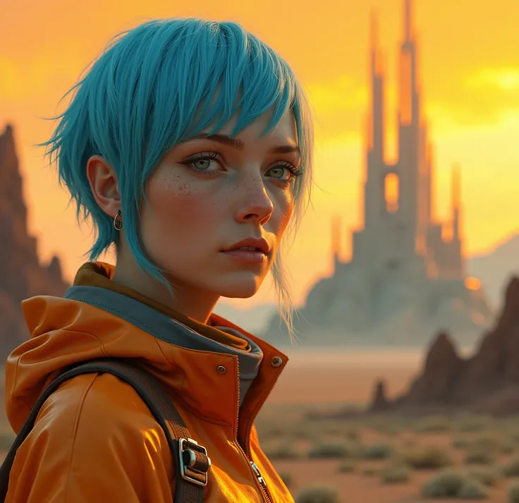 1 woman, 3,     hyperrealistic    ,     High quality, beautiful, elegant, Blue head   , freckles on the cheeks, green eyes,     in futuristic orange clothes    ,      on a deserted planet with monsters in the background,     with orange background colors  ...