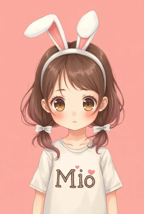 (masterpiece,  Kindergarteners ,      in your hands 、 slightly longer half twin tails  , long brown hair with a pink tinge , Big Eyes,   , (      pink background      ),  upper body,Korean Style,Illustrated style、bunny ears,「Mio」Embroidery with the name 
