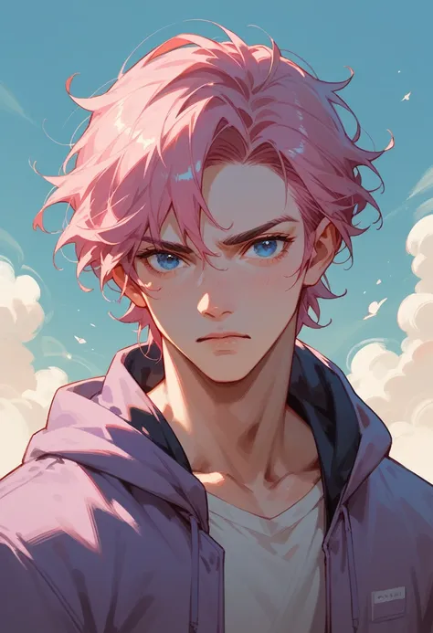 lavender guy pink hair, blue eyes