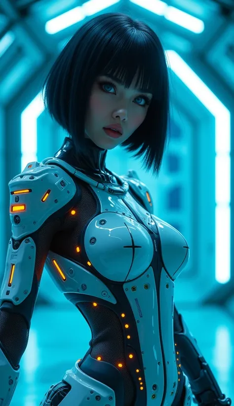 (  best quality, 4K, 8k,  High Resolution  , masterpiece: 1.2), (  very detailed, Realistic, Realistic:1.37), Woman in futuristic costume , The female wears exoskeleton cyber armor 、 inside a spaceship illuminated by advanced blue light 、 With bangs ,  Wom...