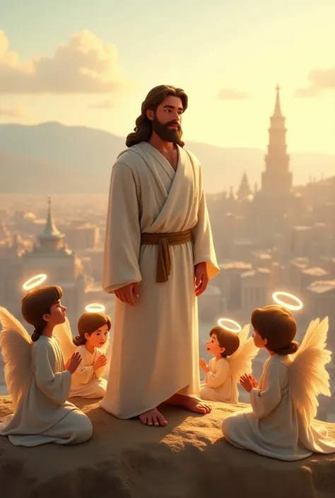 Create Disney Pixar style, A young man, of normal height, white, brown haired,  long to his shoulders ,  and beard ,  dressed in a long white tunic , biblical times style,long sleeved,  and angels kneeling around it , on a mountain high ,  and below wide v...