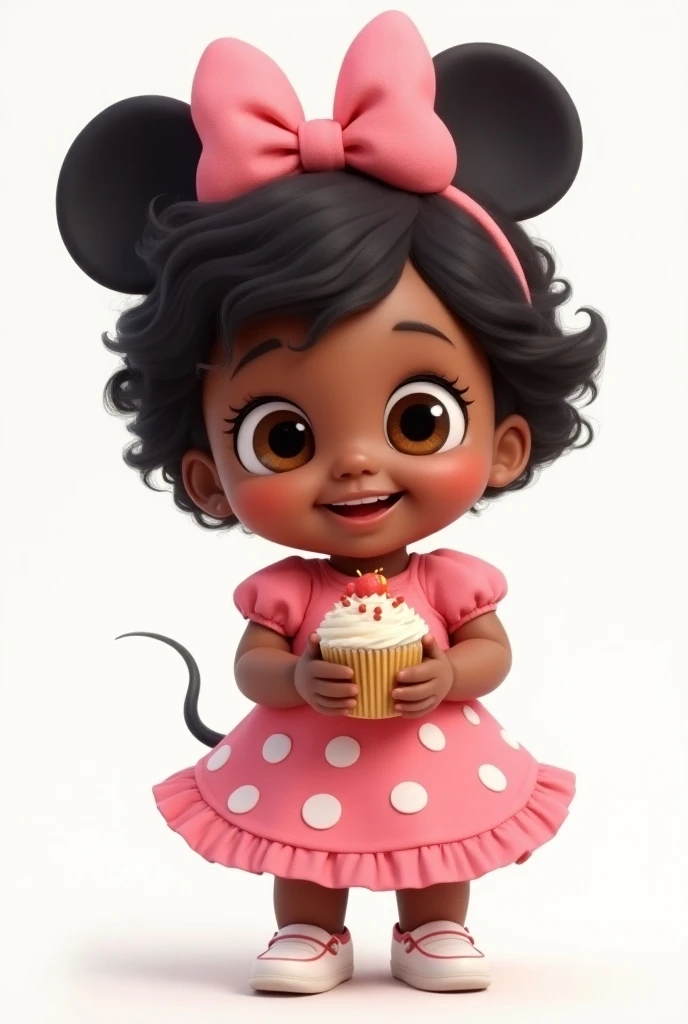  baby , dark brown skin, short wavy black hair with pink Minnie headband, brown eyes, wearing a pink dress with white polka dots with a white stripe around the middle of Minnie the pastry chefs bust,  little white shoe holding cupcake .